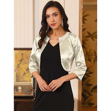 Women's Satin Shrugs 3/4 Sleeve Open Front Elegant Cropped Bolero Cardigans