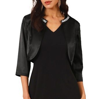 Women's Satin Shrugs 3/4 Sleeve Open Front Elegant Cropped Bolero Cardigans