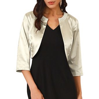 Women's Satin Shrugs 3/4 Sleeve Open Front Elegant Cropped Bolero Cardigans