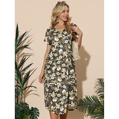 Women V Neck Short Sleeve Summer Dresses Casual Loose T-Shirt Floral Midi Dress with Pockets