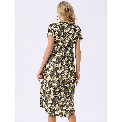 Women V Neck Short Sleeve Summer Dresses Casual Loose T-Shirt Floral Midi Dress with Pockets