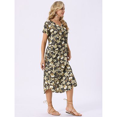 Women V Neck Short Sleeve Summer Dresses Casual Loose T-Shirt Floral Midi Dress with Pockets