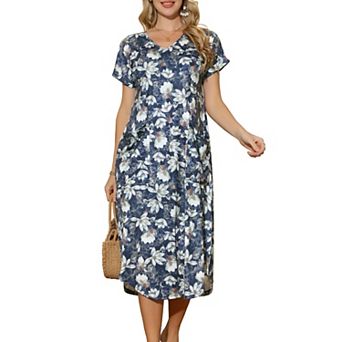 Women V Neck Short Sleeve Summer Dresses Casual Loose T-Shirt Floral Midi Dress with Pockets