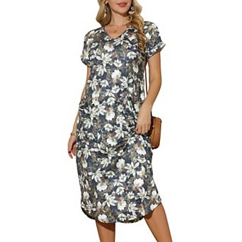 Women V Neck Short Sleeve Summer Dresses Casual Loose T-Shirt Floral Midi Dress with Pockets