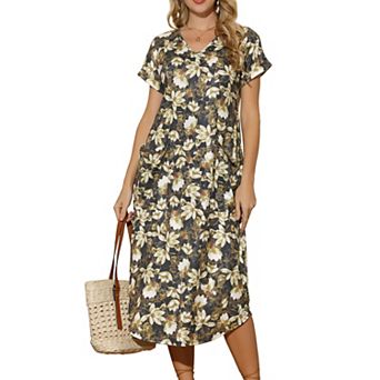 Women V Neck Short Sleeve Summer Dresses Casual Loose T-Shirt Floral Midi Dress with Pockets