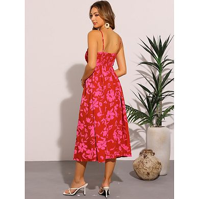 Casual Floral Dress for Women's Smocked Sleeveless Beach Midi Dresses