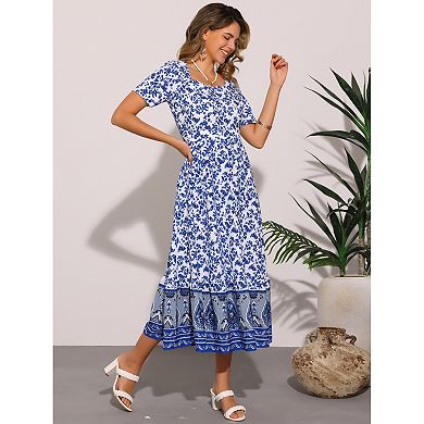 Boho Dresses for Women's Floral Print A-Line Midi Dresses