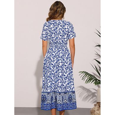 Boho Dresses for Women's Floral Print A-Line Midi Dresses