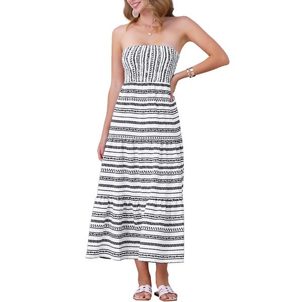 Strapless Maxi Dress for Women's Smocked Long Floral Boho Dresses