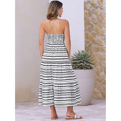 Strapless Maxi Dress for Women's Smocked Long Floral Boho Dresses