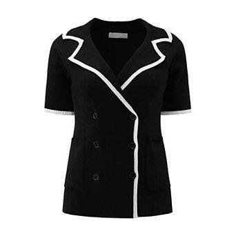 Women's Short Sleeve Summer Double Breasted Contrast Color Knit Sweater Tops