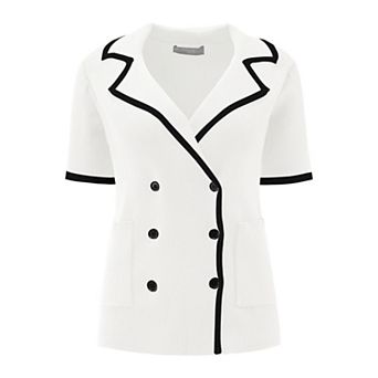 Women's Short Sleeve Summer Double Breasted Contrast Color Knit Sweater Tops