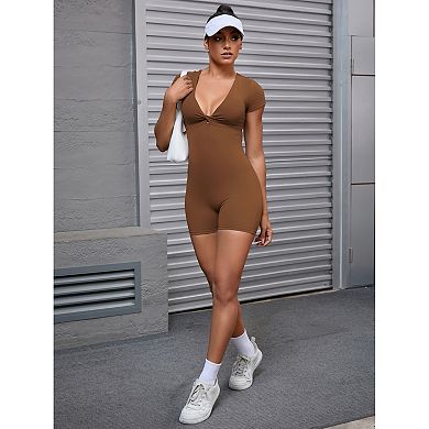Women's Cross Front Bodysuits Tummy Control Slimming Short Sleeve Above Knee Jumpsuit Shapewear