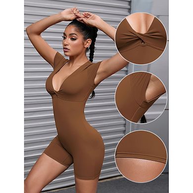 Women's Cross Front Bodysuits Tummy Control Slimming Short Sleeve Above Knee Jumpsuit Shapewear