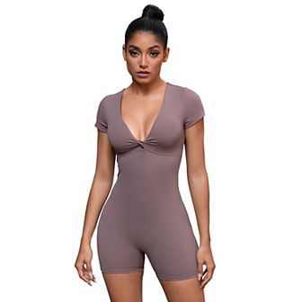Women's Cross Front Bodysuits Tummy Control Slimming Short Sleeve Above Knee Jumpsuit Shapewear