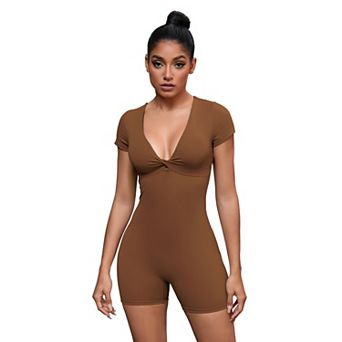 Women's Cross Front Bodysuits Tummy Control Slimming Short Sleeve Above Knee Jumpsuit Shapewear