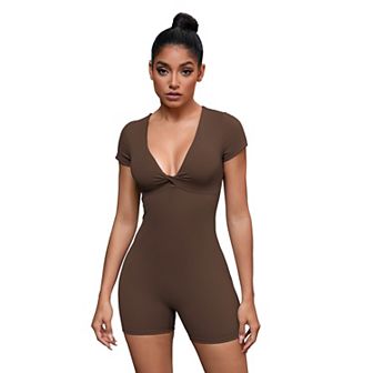 Women's Cross Front Bodysuits Tummy Control Slimming Short Sleeve Above Knee Jumpsuit Shapewear