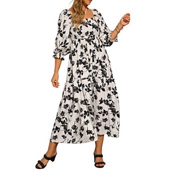 Summer Floral Dresses for Women's Square Neck Short Sleeve A-Line Smocked Maxi Dress