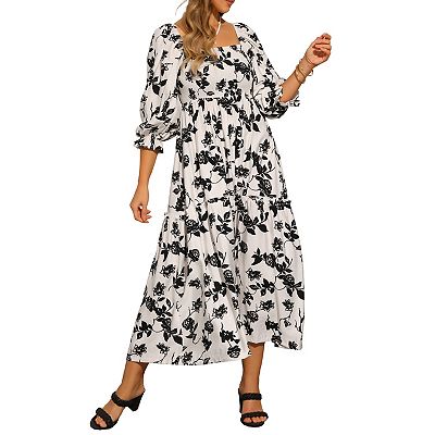 Summer Floral Dresses for Women's Square Neck Short Sleeve A-Line Smocked  Maxi Dress