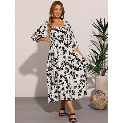 Summer Floral Dresses for Women's Square Neck Short Sleeve A-Line Smocked Maxi  Dress