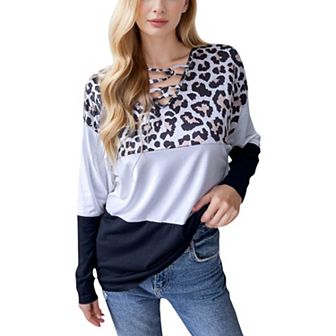 Women's Color Block Leopard Print Long Sleeve V-Neck Pullover