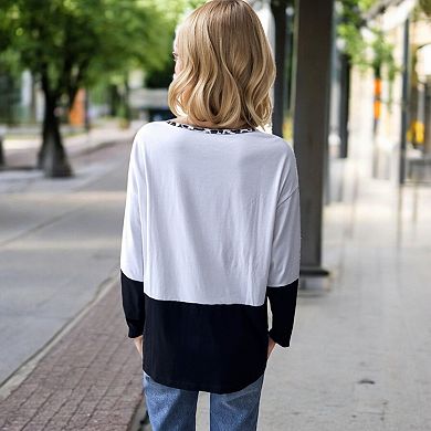 Women's Color Block Leopard Print Long Sleeve V-Neck Pullover