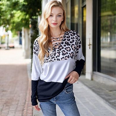 Women's Color Block Leopard Print Long Sleeve V-Neck Pullover