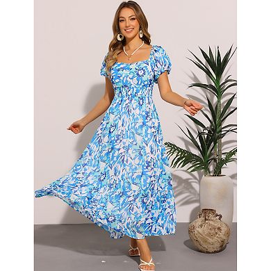 Floral Dresses for Women's Square Neck High Waist Smocked Back Flowy Tiered Maxi Dress