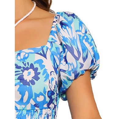 Floral Dresses for Women's Square Neck High Waist Smocked Back Flowy Tiered Maxi Dress