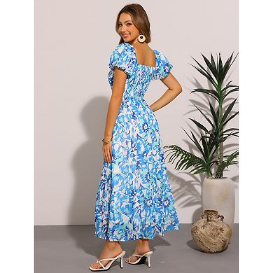 Floral Dresses for Women's Square Neck High Waist Smocked Back Flowy Tiered Maxi Dress