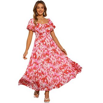 Floral Dresses for Women's Square Neck High Waist Smocked Back Flowy Tiered Maxi Dress