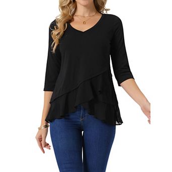 Women's Casual 3/4 Sleeve Tops V Neck Ruffle Asymmetrical Hem Flowy Blouse