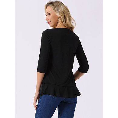 Women's Casual 3/4 Sleeve Tops V Neck Ruffle Asymmetrical Hem Flowy Blouse
