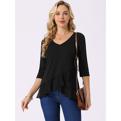 Women's Casual 3/4 Sleeve Tops V Neck Ruffle Asymmetrical Hem Flowy Blouse