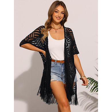 Women's Knit Cardigans Open Front Boho Lightweight Fringe Kimono Cover Ups