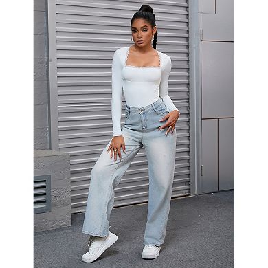 Women's Lace Square Neck Shapewear Bodysuit Long Sleeve Tummy Control Leotard Jumpsuit