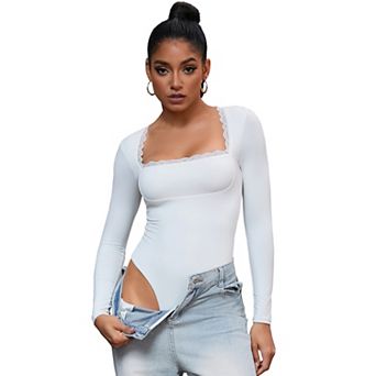Women's Lace Square Neck Shapewear Bodysuit Long Sleeve Tummy Control Leotard Jumpsuit