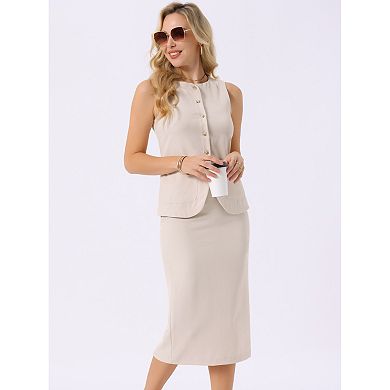 Women's Summer 2 Piece Suit Skirt Set Business Work Set Button Down Vest Blazer and Pencil Skirt