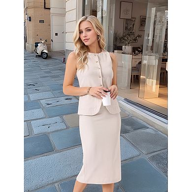 Women's Summer 2 Piece Suit Skirt Set Business Work Set Button Down Vest Blazer and Pencil Skirt