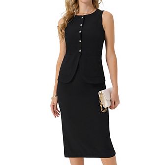 Women's Summer 2 pc Suit Skirt Set Business Work Set Button Down Vest Blazer and Pencil Skirt