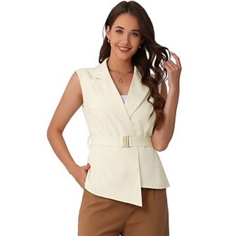 Sleeveless Vest Blazer for Women's Belted Lapel Collar Work Blazer