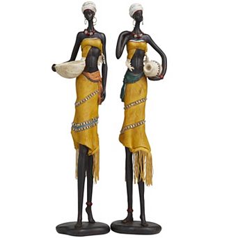 Stella & Eve Yellow 2 pc Handmade African Woman Decorative Sculpture with Water Jugs & Jeweled Details