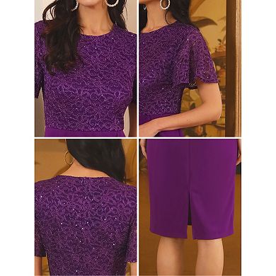 Women's Sequin Lace Dress Short Sleeve Bodycon Cocktail Midi Dress