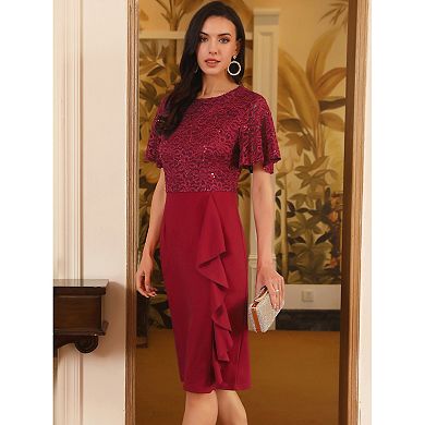 Women's Sequin Lace Dress Short Sleeve Bodycon Cocktail Midi Dress