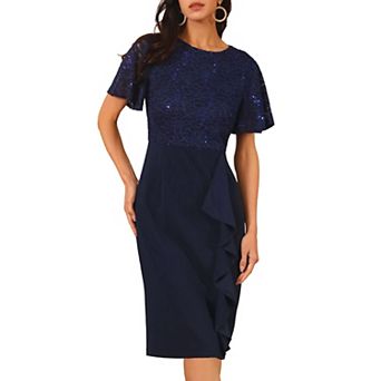 Women's Sequin Lace Dress Short Sleeve Bodycon Cocktail Midi Dress