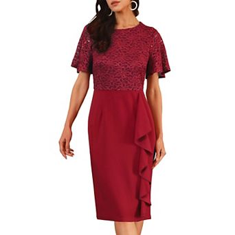 Women's Sequin Lace Dress Short Sleeve Bodycon Cocktail Midi Dress