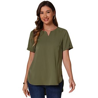 Summer Tunic Top for Women's Casual V Neck Short Sleeve Curved Hem Loose Tops