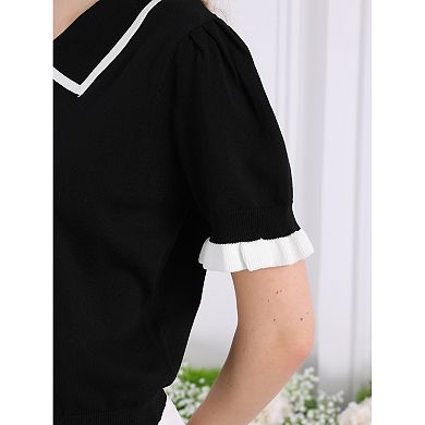 Women's Contrast Color Blouse Button Decor Knit Ruffled Crop Tops