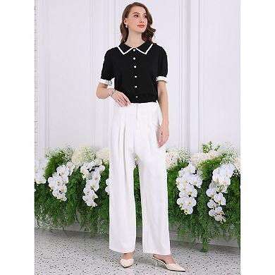 Women's Contrast Color Blouse Button Decor Knit Ruffled Crop Tops