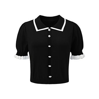 Women's Contrast Color Blouse Button Decor Knit Ruffled Crop Tops